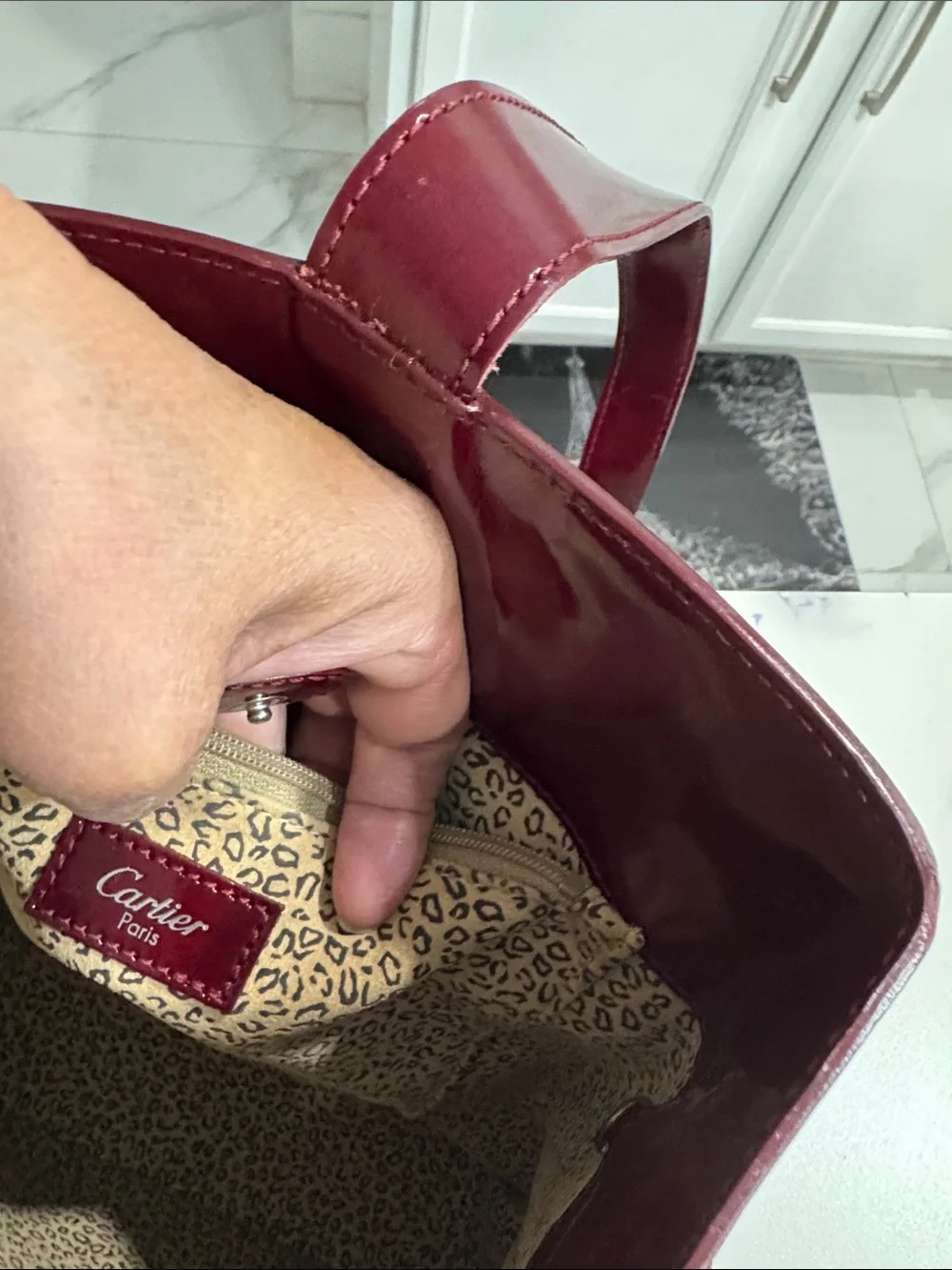 Cartier Panthere Glossy Wine Red Patent Tote with Silver C-Ring Accent